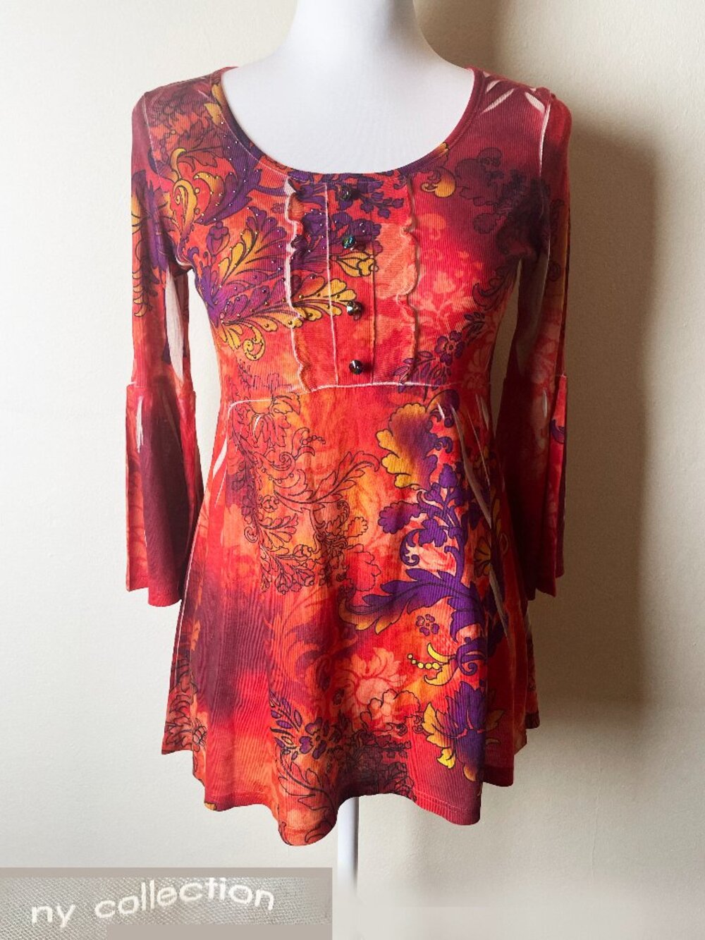 NY Collection Embellished Bell Sleeve Floral Top Red Orange Purple Size S EUC